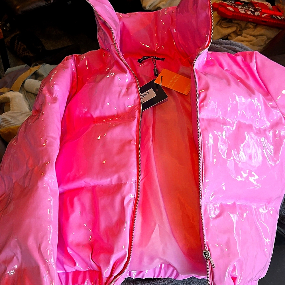 Pretty little thing pink vinyl puffer coat